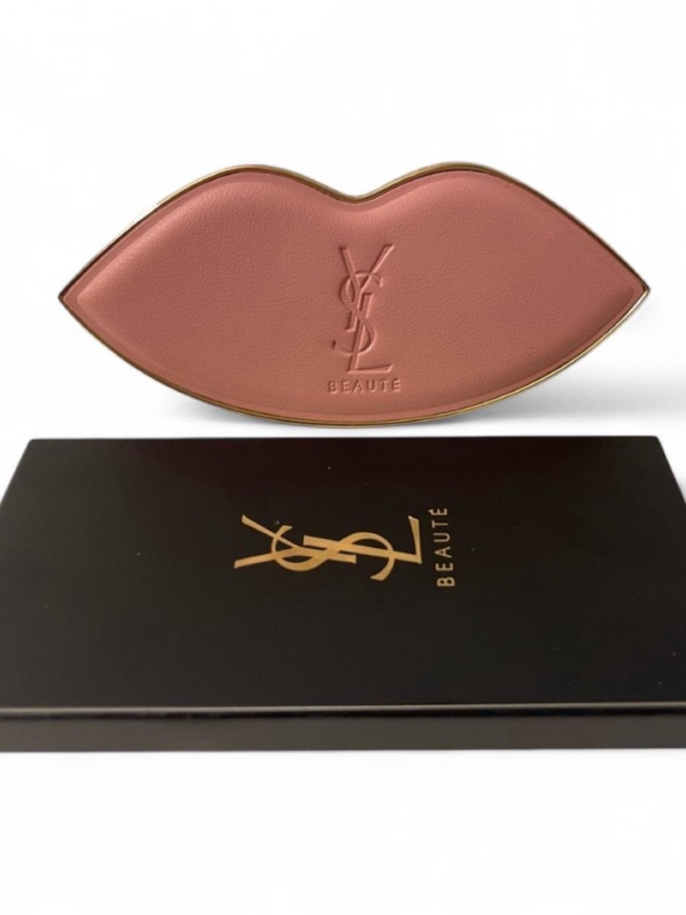 Authentic Yves Saint Laurent Beaute Pink Lip-Shaped Mirror with Gold Trim - Picture 2 of 5